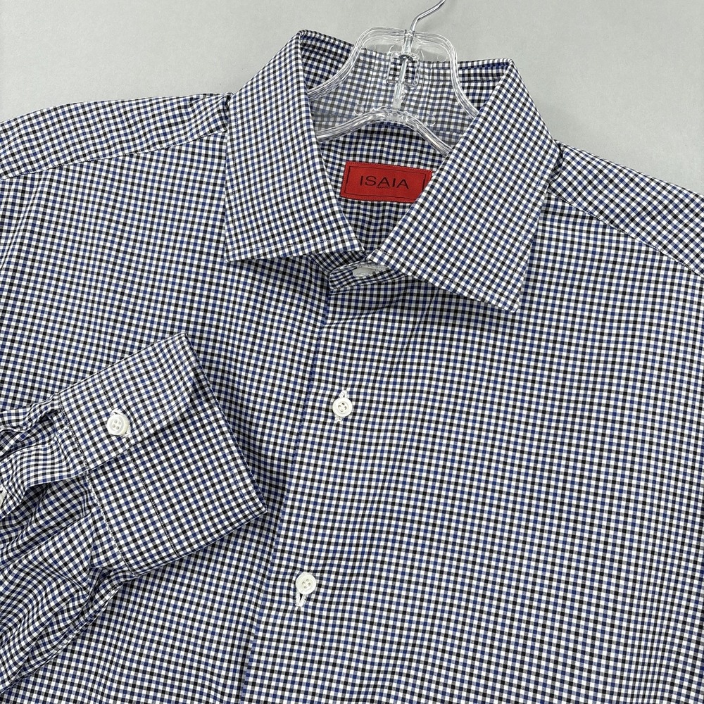 Isaia Shirt Mens 15.75 40 Blue Check Regular Long Sleeve Dress Italy Spread